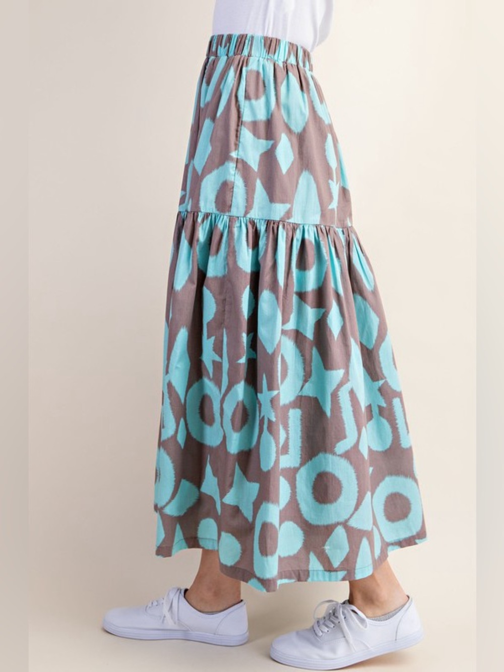 Boutique Geometric Print Tiered Maxi Skirt Taupe Turquoise Boho Resort S - Picture 2 of 4